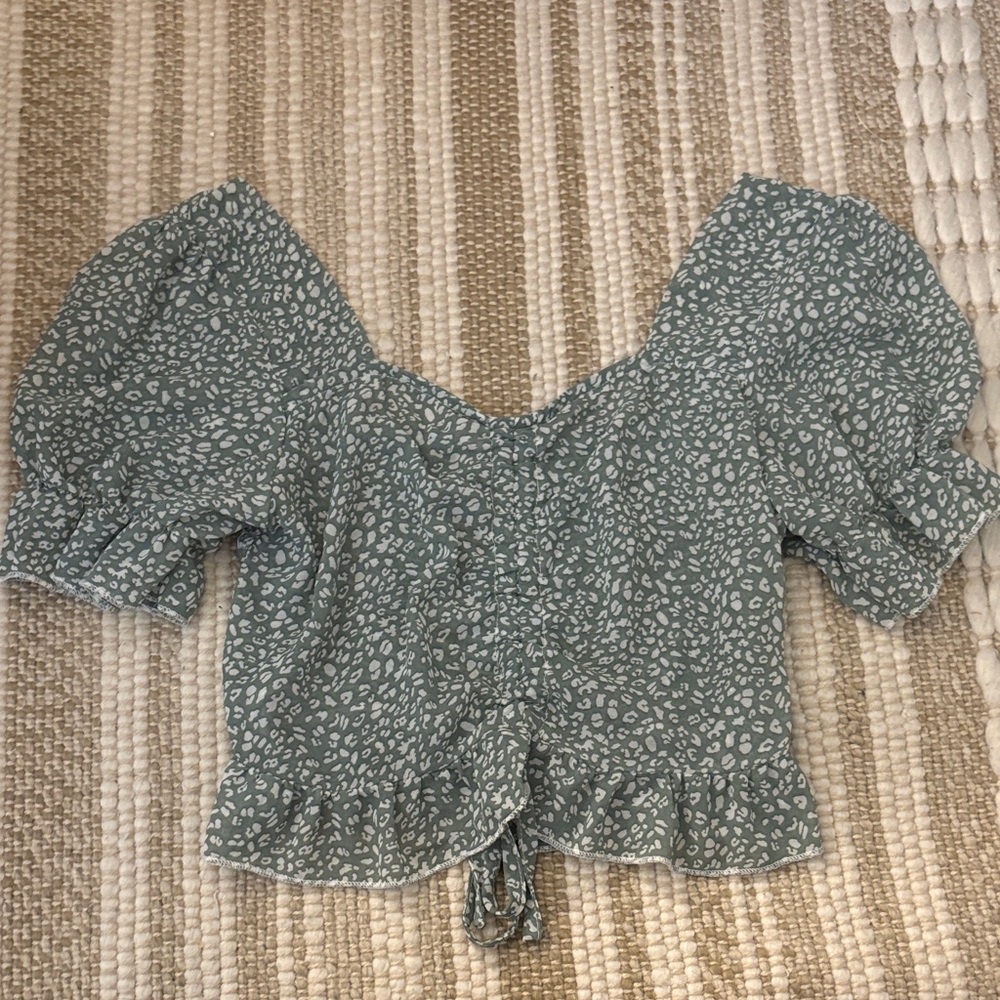 ROMWE Teal Patterned Puff Sleeve Blouse